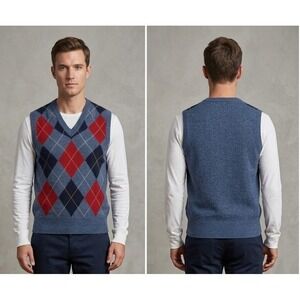 Cambridge Mens Vintage 100% Lambswool Argyle V-Neck Sweater Vest Size M